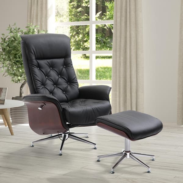Rentoutustuoli Jakkaralla Tv Tuoli Pehmustettu Tuoli 360° Kääntyvä 145° Kallistettava Chesterfield Pu Kansi Puupanelointi Metallijalusta 82X83X110Cm