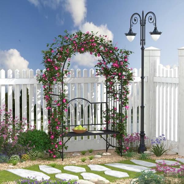Rosebue Med Benk, Rosebenk, Arborbenk, Filosofbenk, Espalier, Hagebenk, Metall, Svart, 121 X 50 X 203 Cm