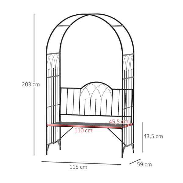 Rosebue Med Benk, Rosebenk, Arborbenk, Filosofbenk, Espalier, Hagebenk, Metall, Svart, 121 X 50 X 203 Cm