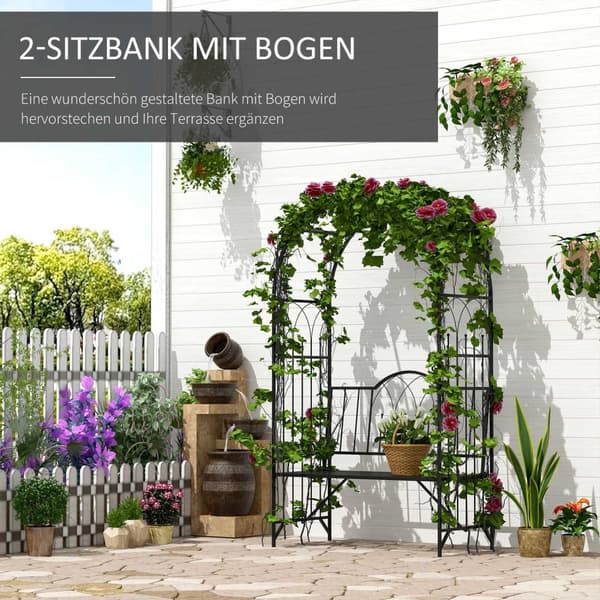 Rosebue Med Benk, Rosebenk, Arborbenk, Filosofbenk, Espalier, Hagebenk, Metall, Svart, 121 X 50 X 203 Cm