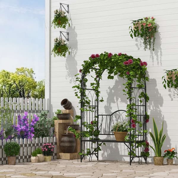 Rosebue Med Benk, Rosebenk, Arborbenk, Filosofbenk, Espalier, Hagebenk, Metall, Svart, 121 X 50 X 203 Cm
