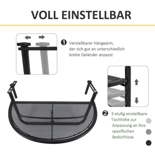 Outsolny Balkonghengebord Høydejusterbart Halvrundt Metall Ø30Cm