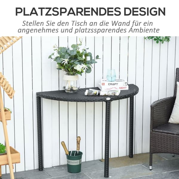 Balkongbord Halvrundt Hagesidebord Laget Av Polyrattan Og Metall, Svart, 100 X 50 X 74 Cm