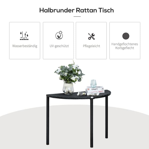 Balkongbord Halvrundt Hagesidebord Laget Av Polyrattan Og Metall, Svart, 100 X 50 X 74 Cm