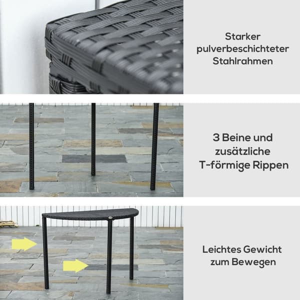 Balkongbord Halvrundt Hagesidebord Laget Av Polyrattan Og Metall, Svart, 100 X 50 X 74 Cm