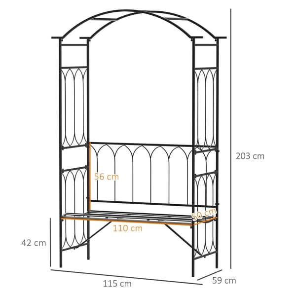 Rosebue Med Benk, Rosebenk, Arborbenk, Filosofbenk, Espalier, Hagebenk, Metall, Svart, 115 X 50 X 203 Cm