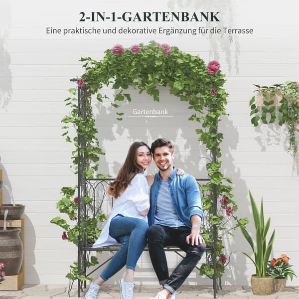 Rosebue Med Benk, Rosebenk, Arborbenk, Filosofbenk, Espalier, Hagebenk, Metall, Svart, 115 X 50 X 203 Cm