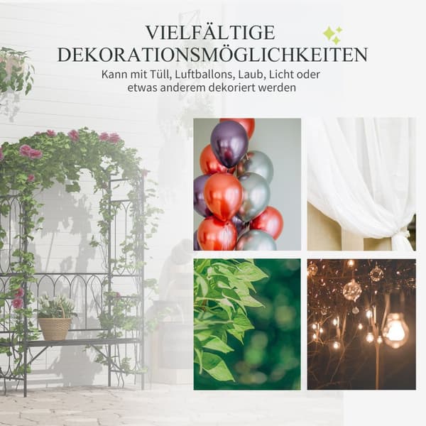 Rosebue Med Benk, Rosebenk, Arborbenk, Filosofbenk, Espalier, Hagebenk, Metall, Svart, 115 X 50 X 203 Cm