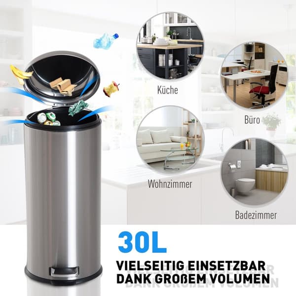 Pedalbeholder 30L Pedalbeholder Med Innerbeholder Og Hengslet Lokk, Rustfritt Stål, Hygienisk, Sølv