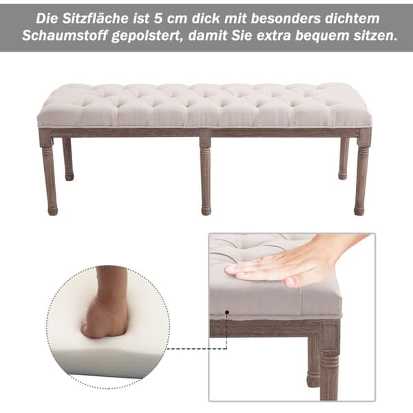 Polstret Benk Lounge Krakk, Vintage Retro Med Knapper, Lin + Tre, Beige, 142X47X51Cm