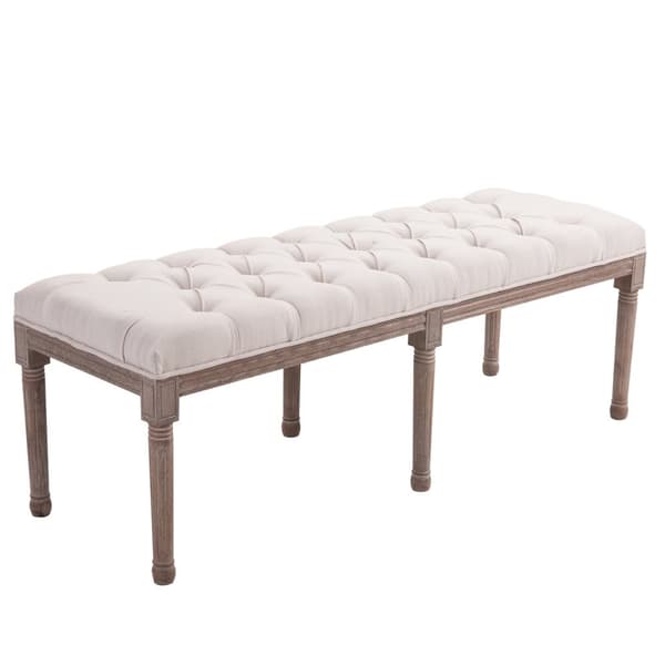 Polstret Bænk Lounge Taburet, Vintage Retro Med Knapper, Linned + Træ, Beige, 142X47X51Cm