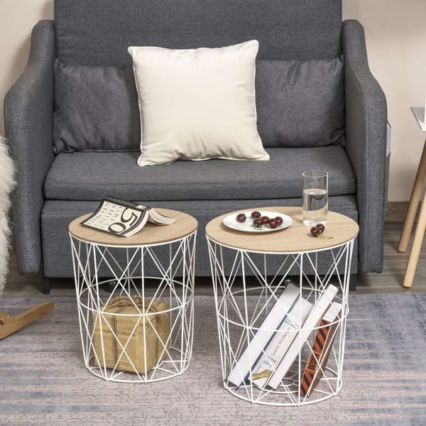 Sæt Med 2 Sofaborde I Natur & Hvid Sidebord 2-Delt, Mdf + Metal, Til Stue & Soveværelse, Ø40 X H45 Cm