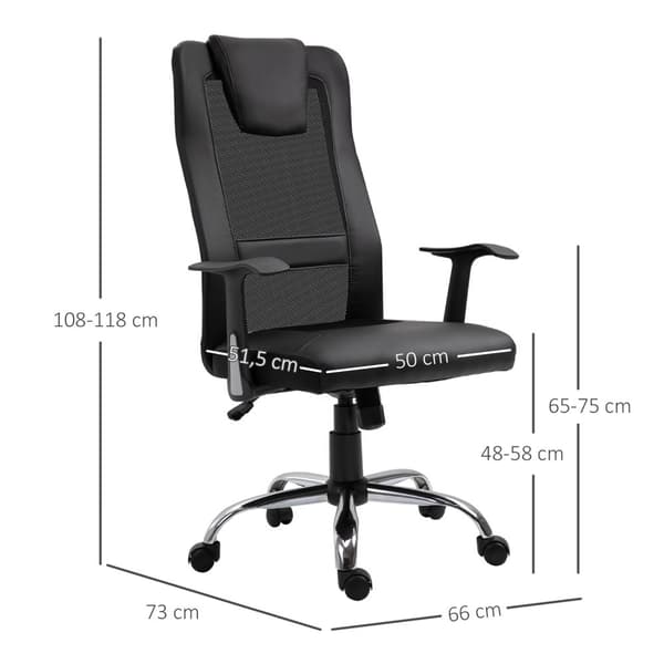 Kontorstol Ergonomisk Svingstol, Høydejusterbar, Pu-Skinn, Svart, 66X73X108-118 Cm