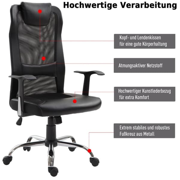 Kontorstol Ergonomisk Svingstol, Høydejusterbar, Pu-Skinn, Svart, 66X73X108-118 Cm