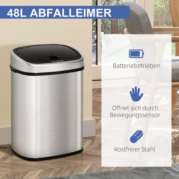 Skraldespand 48L Automatisk Køkkenaffaldsspand Med Infrarød Sensor, Hygiejnisk, Rustfrit Stål, Sølv, L40,5Xb29,5Xh68 Cm