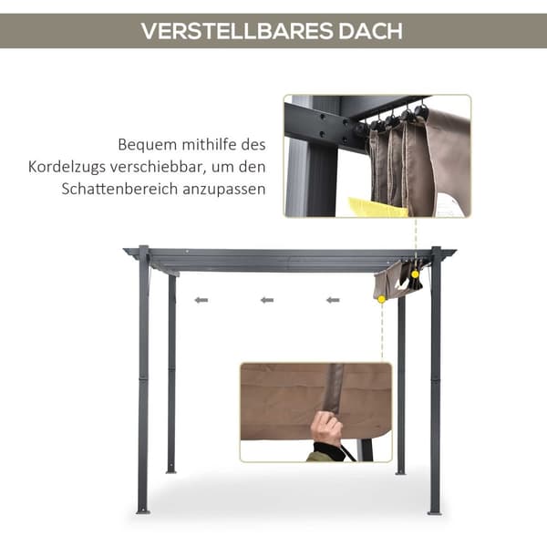 Pergola Pavilion Patio Baldakin Med Skyvetak Hage Aluminium Kullgrå + Kaffebrun 3X3X2,23 M