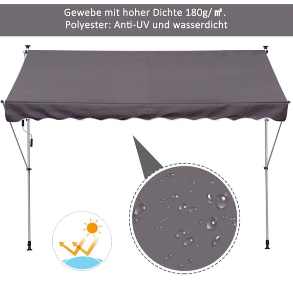 Markise, Foldearmsmarkise, Højdejusterbar Spændemarkise, 200X150Cm, Grå, Aluminium