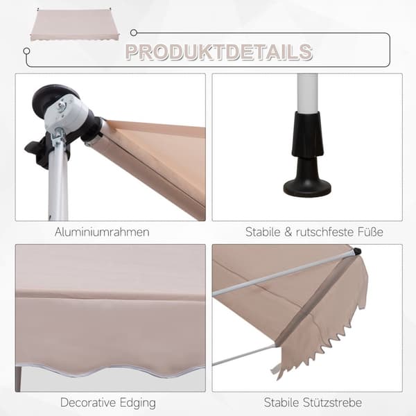 Markiisin Taittuva Varsi Markiisin Kiinnike Markiisin Korkeus Säädettävä Aurinkosuoja Taittuva Varsi Käsikampi Parveke Alumiini Beige 300 X 150Cm