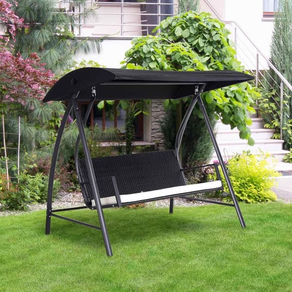 Hollywood Swing 3-Seters Hage Huske Med Tak Laget Av Polyrattan + Metall, Svart, 198 X 124 X 179 Cm