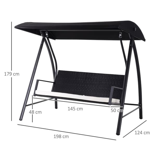 Hollywood Swing 3-Seters Hage Huske Med Tak Laget Av Polyrattan + Metall, Svart, 198 X 124 X 179 Cm