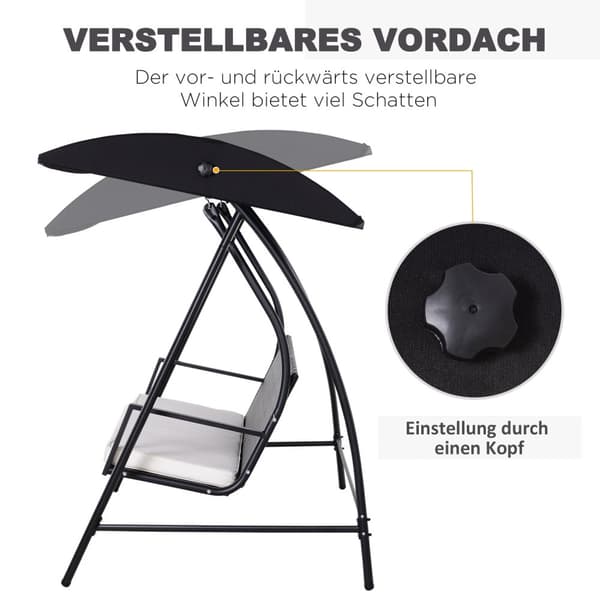 Hollywood Swing 3-Seters Hage Huske Med Tak Laget Av Polyrattan + Metall, Svart, 198 X 124 X 179 Cm