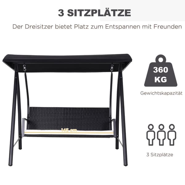 Hollywood Swing 3-Seters Hage Huske Med Tak Laget Av Polyrattan + Metall, Svart, 198 X 124 X 179 Cm