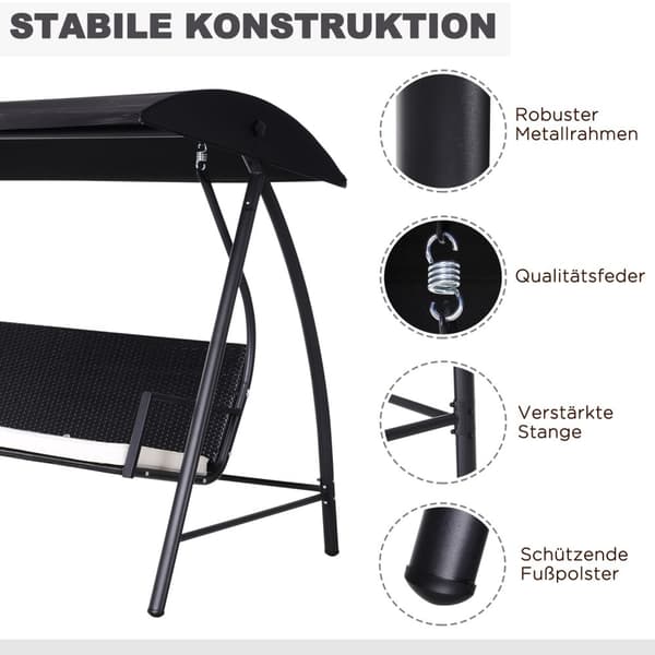 Hollywood Swing 3-Seters Hage Huske Med Tak Laget Av Polyrattan + Metall, Svart, 198 X 124 X 179 Cm
