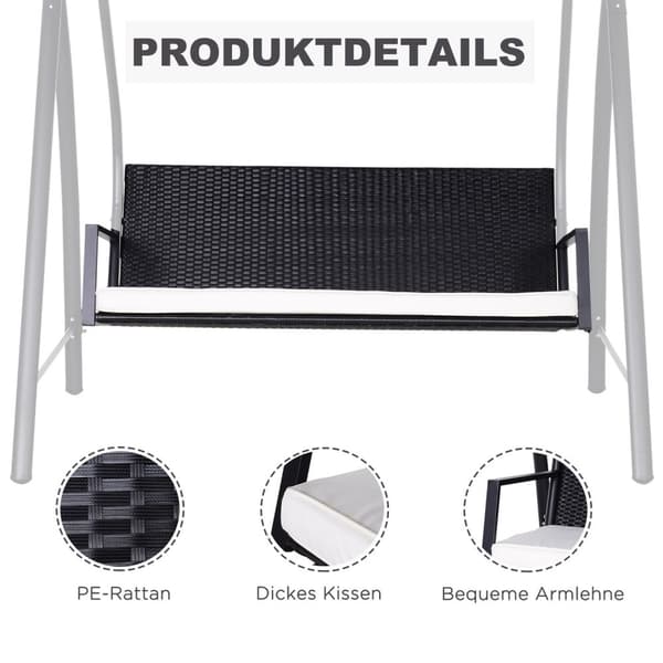 Hollywood Swing 3-Seters Hage Huske Med Tak Laget Av Polyrattan + Metall, Svart, 198 X 124 X 179 Cm
