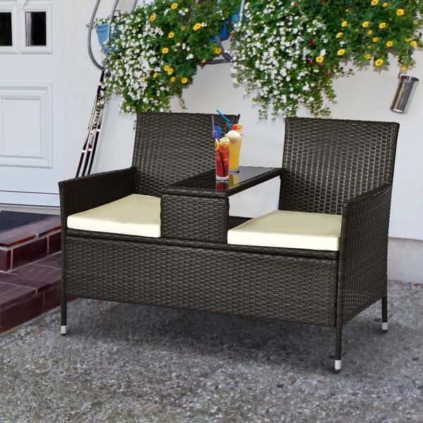 Polyrattan Bænk 2-Personers Bord Havebænk Stålstel Brun B133Xd63Xh84Cm