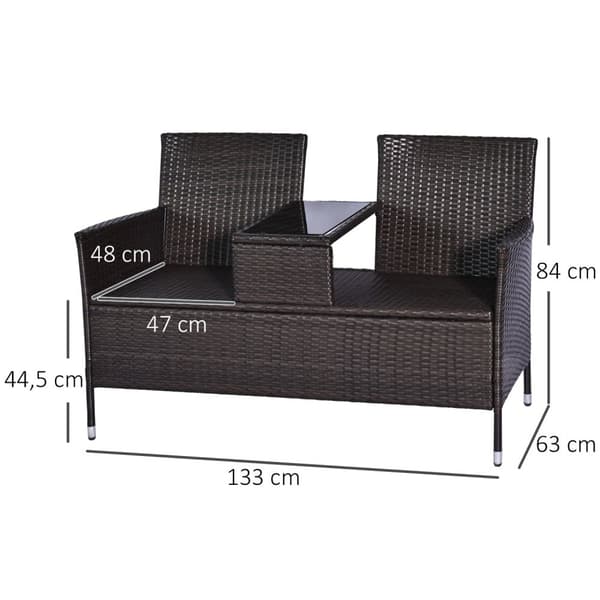 Polyrattan Bænk 2-Personers Bord Havebænk Stålstel Brun B133Xd63Xh84Cm