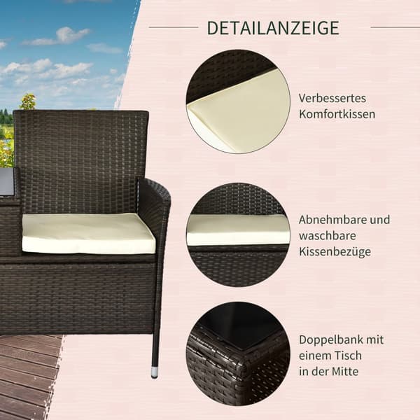 Polyrattan Bænk 2-Personers Bord Havebænk Stålstel Brun B133Xd63Xh84Cm