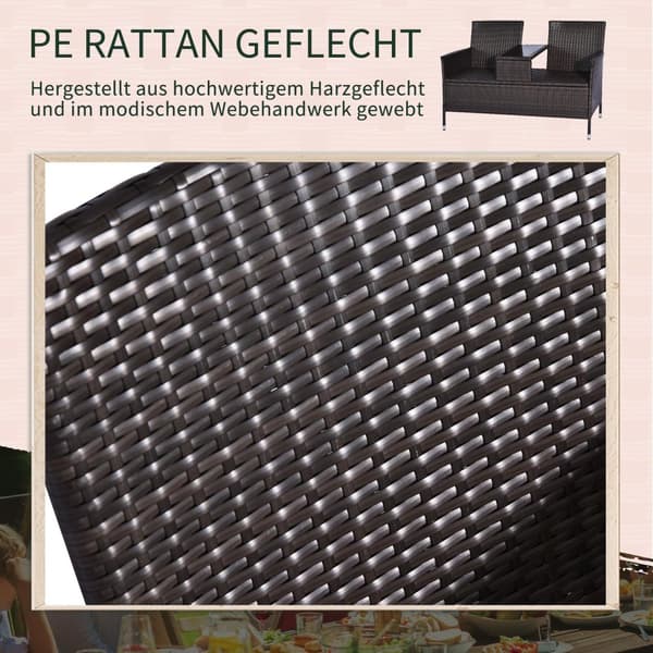 Polyrattan Bænk 2-Personers Bord Havebænk Stålstel Brun B133Xd63Xh84Cm