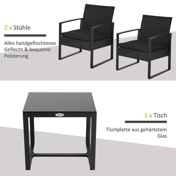 Aurinkoinen Polyrottinki Puutarhasetti 2 Hengelle Parvekkeen Kalustesetti Tyynyillä Musta