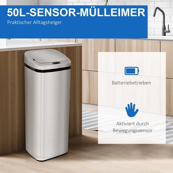 Automatisk Søppelbøtte Med Sensor Kjøkken Rustfritt Stål 50/68L Sølv (50L)