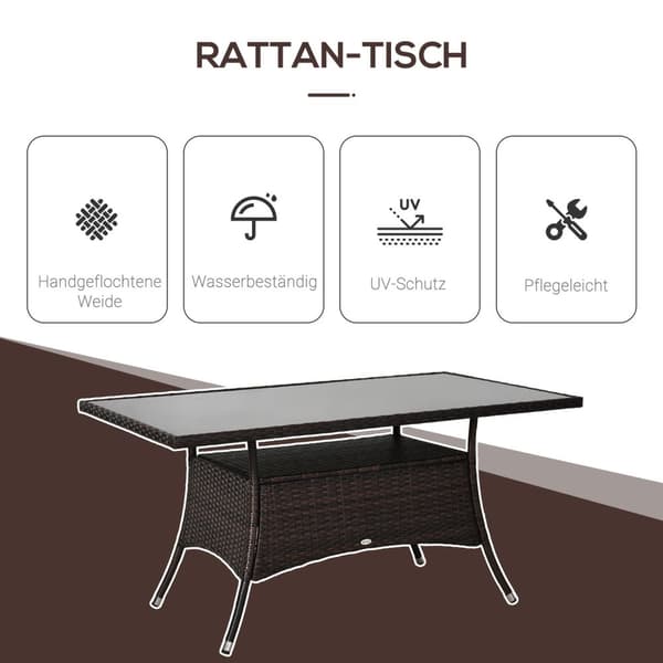 Spisebord Hagebord Glassbord Polyrattan + Sikkerhetsglass Brunt + Svart 150X85X74Cm