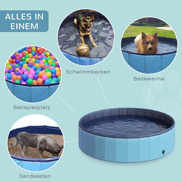 Hundebasseng Stort Svømmebasseng For Hunder, Plaskebasseng Laget Av Pvc + Tre, Blå, Diameter 140 X Høyde 30 Cm, Ideell For Sommeren