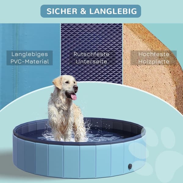 Hundebasseng Stort Svømmebasseng For Hunder, Plaskebasseng Laget Av Pvc + Tre, Blå, Diameter 140 X Høyde 30 Cm, Ideell For Sommeren