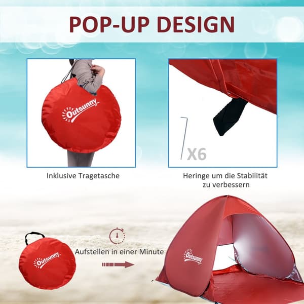 Beach Shelter Quick Assembly Beach Teltta Pop Up Teltta, Automaattinen, Polyesteri, Punainen, 200X150X119Cm