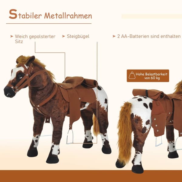 Ridehest Legehest Børnelyd Stående Hest Plyslegetøj Metal Brun + Hvid 85X28X60Cm
