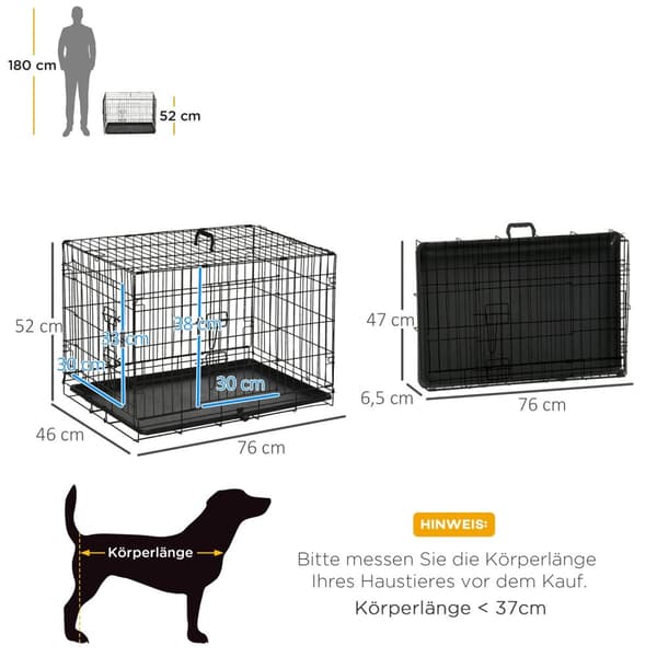 Hundekasse Transportkasse Lille Dyrebur Hundebur Transportbur Sammenfoldelig Metal Sort 76 X 46 X 52 Cm