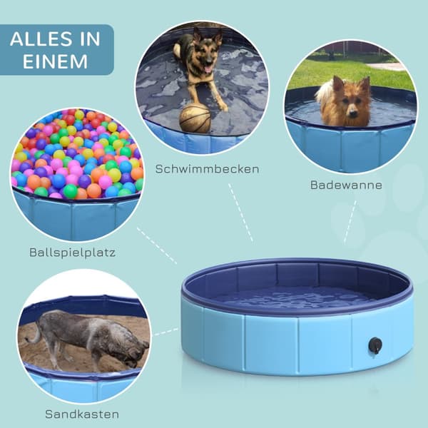 Hundebassin, Robust Soppebassin Til Hunde, Swimmingpool Lavet Af Pvc + Træ, Blå, Ø80Xh20 Cm, Sommerhygge