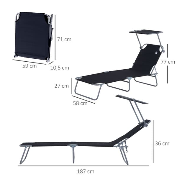 Sammenleggbar Solseng Hageseng Med Solbeskyttelse, Svart, 187X58X36 Cm
