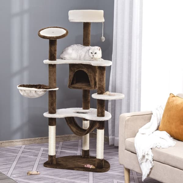 Skrapestolpe Xxl Med Kattehule Og Hengekøye Multi-Level Cat Tree Multi-Activity Center, Plysj, Brun, 213X91X122Cm