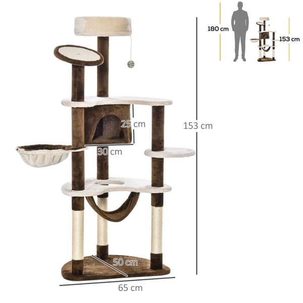 Skrapestolpe Xxl Med Kattehule Og Hengekøye Multi-Level Cat Tree Multi-Activity Center, Plysj, Brun, 213X91X122Cm