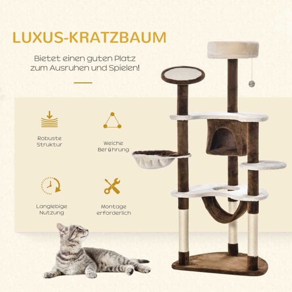 Skrapestolpe Xxl Med Kattehule Og Hengekøye Multi-Level Cat Tree Multi-Activity Center, Plysj, Brun, 213X91X122Cm