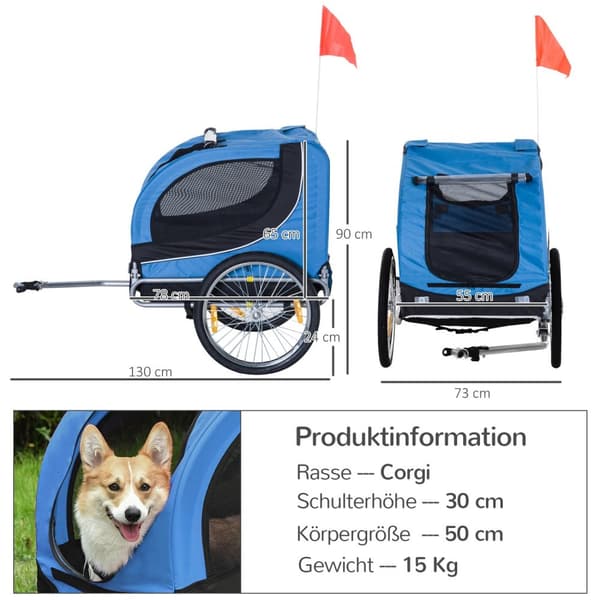 Hundetrailer Cykeltrailer Hundetransporter, Hundecykeltrailer, Blå+Sort, 130X73X90Cm