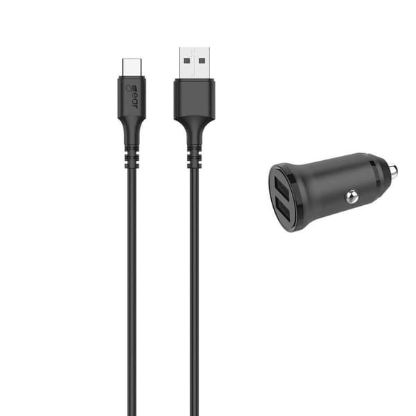 GEAR Oplader 12-24V 2xUSB-A 3.4A Sort USB-C 2.0 Kabel 1m