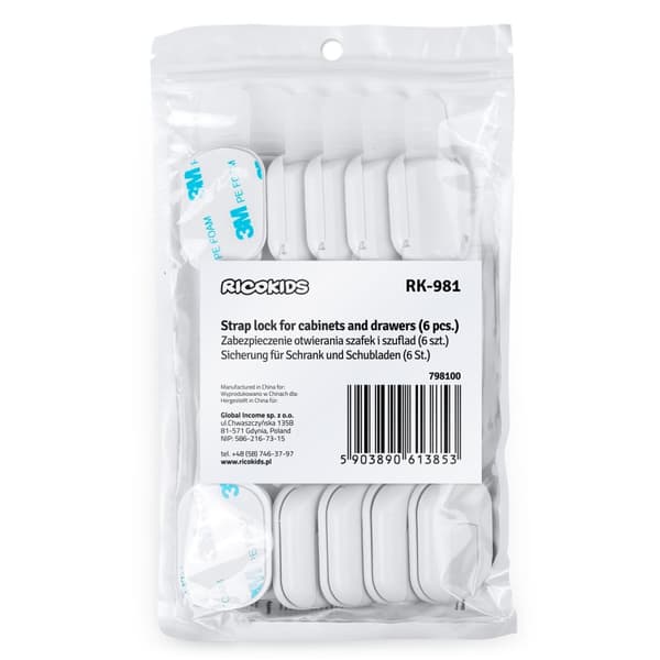Säkerhetsspärr för skåpdörrar Ricokids 798100, 6-pack, vit