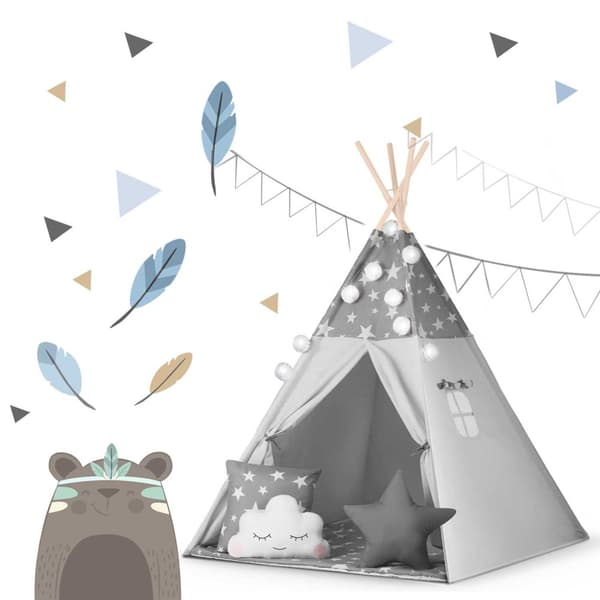 Tipi-teltta lapsille seppeleellä ja valonauhalla Nukido - harmaa tähdillä
