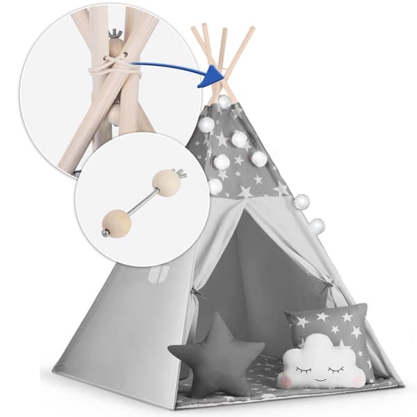Tipi-teltta lapsille seppeleellä ja valonauhalla Nukido - harmaa tähdillä